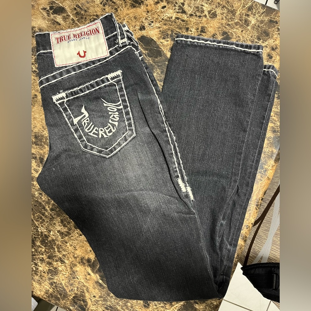 True Religion Men’s Straight Jeans — Dark Gray with White Stitching